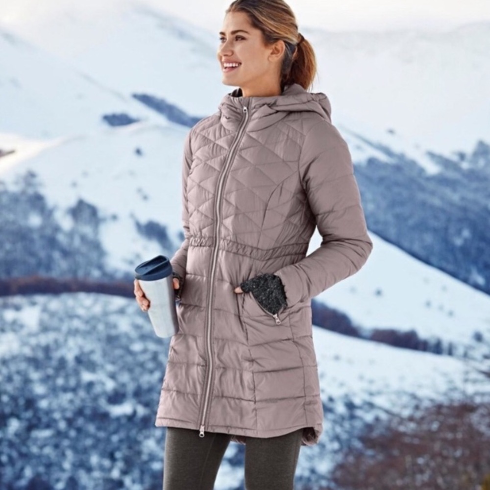 Chill Down Athleta Quilted Goose Down Jacket in Taupe (Casual Winter Wear)